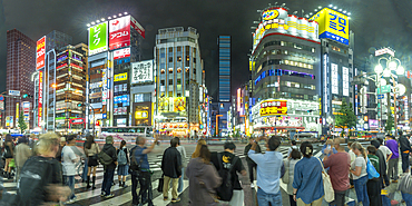 View of Kabukicho neon lit street and crossings at night, Shinjuku City, Kabukicho, Tokyo, Honshu, Japan