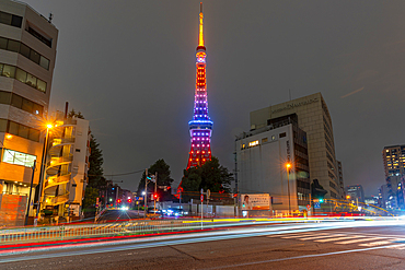 View of Tokyo Tower and city buildings at night, Minato City, Tokyo, Honshu, Japan