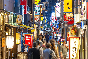 View of neon lights in narrow city street near Tokyo Tower at night, Minato City, Tokyo, Honshu, Japan