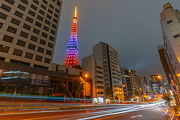 View of Tokyo Tower and city buildings at night, Minato City, Tokyo, Honshu, Japan