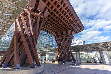 Torii shaped entrance to Kanazawa station, designed by architects Sejima and Nishizawa, Kanazawa City, Ishikawa Prefecture, Honshu, Japan