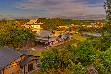 View of Hashizume-mon Gate and garden at sunset, Kanazawa Castle, Kanazawa City, Ishikawa Prefecture, Honshu, Japan, Asia