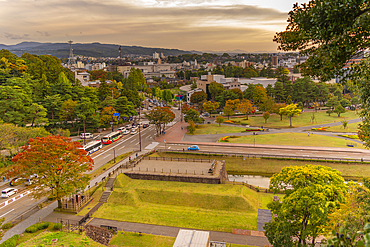 View of Kanazawa from Hommaru-enchi Park at sunset, Kanazawa Castle, Kanazawa City, Ishikawa Prefecture, Honshu, Japan