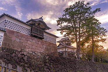 View of Hishi Yagura at sunset, Kanazawa Castle, Kanazawa City, Ishikawa Prefecture, Honshu, Japan