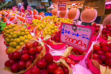 View of fresh fruit on stall in Omicho Market, Kanazawa City, Ishikawa Prefecture, Honshu, Japan