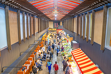 Elevated view of stalls and people in Omicho Market, Kanazawa City, Ishikawa Prefecture, Honshu, Japan