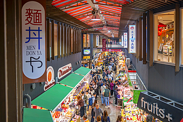 Elevated view of stalls and people in Omicho Market, Kanazawa City, Ishikawa Prefecture, Honshu, Japan