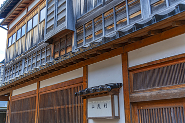 View of traditional dark wood building in the Higashi Chaya District, Kanazawa City, Ishikawa Prefecture, Honshu, Japan