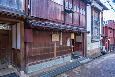 View of traditional dark wood building in the Higashi Chaya District, Kanazawa City, Ishikawa Prefecture, Honshu, Japan