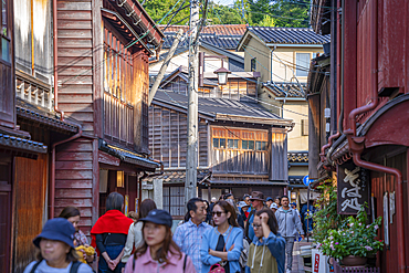 View of traditional dark wood building in the Higashi Chaya District, Kanazawa City, Ishikawa Prefecture, Honshu, Japan