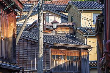 View of traditional dark wood building in the Higashi Chaya District, Kanazawa City, Ishikawa Prefecture, Honshu, Japan