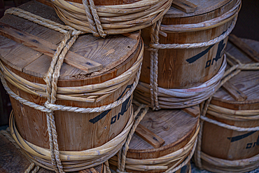 View of wooden rice buckets in the Higashi Chaya District, Kanazawa City, Ishikawa Prefecture, Honshu, Japan