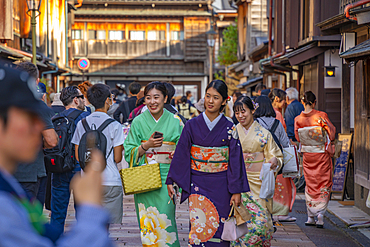 View of young ladies wearing Kimonos in the Higashi Chaya District, Kanazawa City, Ishikawa Prefecture, Honshu, Japan