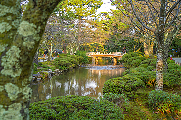 View of Hanami-Bashi (Flower Viewing Bridge) in Kenrokumachi Japanese Garden, Kanazawa City, Ishikawa Prefecture, Honshu, Japan, Asia