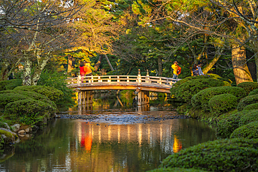 View of Hanami-Bashi (Flower Viewing Bridge) in Kenrokumachi Japanese Garden, Kanazawa City, Ishikawa Prefecture, Honshu, Japan, Asia