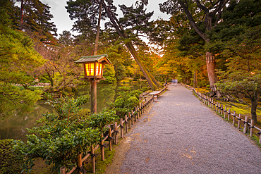 View of Japanese lamp in Kenrokumachi Japanese Garden, Kanazawa City, Ishikawa Prefecture, Honshu, Japan