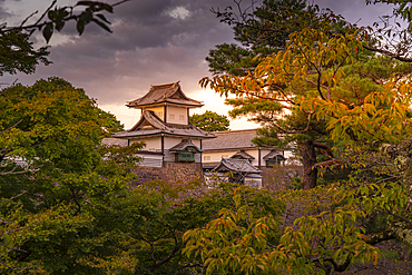 View of Nezumita-mon Gate, entrance to Kanazawa Castle and Park at sunset, Kanazawa City, Ishikawa Prefecture, Honshu, Japan