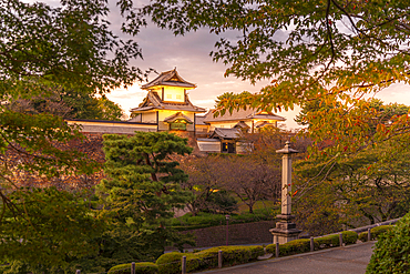 View of Nezumita-mon Gate, entrance to Kanazawa Castle and Park at sunset, Kanazawa City, Ishikawa Prefecture, Honshu, Japan, Asia