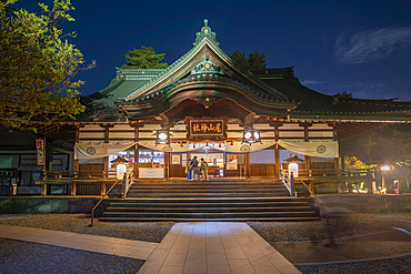 View of Oyama Shrine Shinmon Gate illuminated at dusk, Kanazawa City, Ishikawa Prefecture, Honshu, Japan, Asia