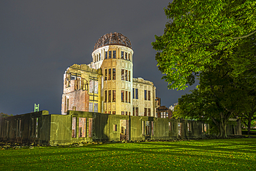 The skeletal ruins of the A-Bomb Dome at dusk, Hypocenter, Hiroshima Peace Memorial, UNESCO, Hiroshima, Honshu, Japan