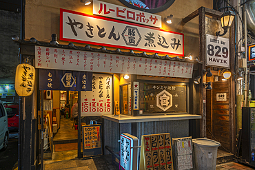 View of colourful Japanese restaurant entrance at night, Hiroshima, Honshu, Japan, Asia