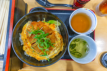 View of traditional Japanese dish of rice and scrambled egg, Miyajimacho, Hatsukaichi, Hiroshima, Honshu, Japan