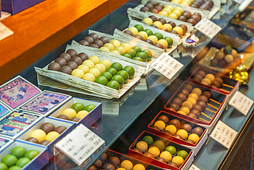 View of Classic Japanese Mochi Sweets in shop in the Gion District, Kyoto, Honshu, Kansai, Japan, Asia