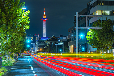 View of Nidec Kyoto Tower and trail lights at night, Shimogyo Ward, Higashishiokojicho, Kyoto, Honshu, Japan