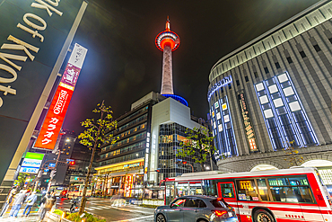 View of Nidec Kyoto Tower at night, Shimogyo Ward, Higashishiokojicho, Kyoto, Honshu, Japan