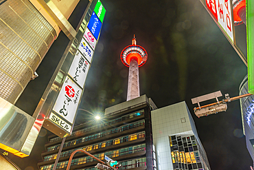 View of Nidec Kyoto Tower at night, Shimogyo Ward, Higashishiokojicho, Kyoto, Honshu, Japan