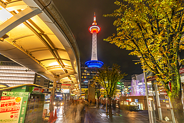 View of Nidec Kyoto Tower at night, Shimogyo Ward, Higashishiokojicho, Kyoto, Honshu, Japan