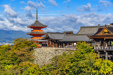 View of Kiyomizu-dera Temple, UNESCO, with city in background, Kiyomizu, Higashiyama Ward, Kyoto, Honshu, Japan