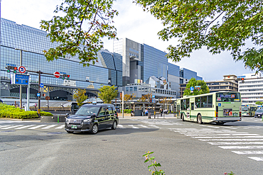 View of Kyoto Station exterior during day, Shimogyo Ward, Higashishiokoji Kamadonocho, Kyoto, Honshu, Japan