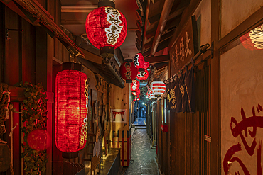 View of Japanese lanterns in dark alleyway in Dotonbori, vibrant entertainment district near the river, Osaka, Honshu, Japan