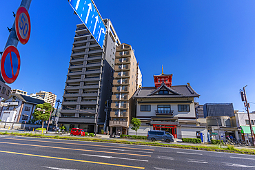 View of architecture on Route 30 on a sunny day, Shitennoji, Tennoji Ward, Osaka, Honshu, Japan, Asia