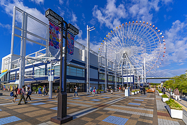 View of Tempozan Harbor Village and ferris wheel, Kaigandori, Minato Ward, Osaka, Japan, Asia