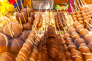 View of market stall with fruit covered in chocolate at Christmas, Breitscheidplatz, Berlin, Germany, Europe