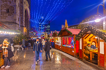 View of Kaiser Wilhelm Memorial Church and market stalls at Christmas, Breitscheidplatz, Berlin, Germany, Europe