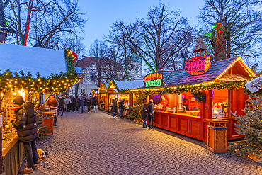 View of Christmas market at Charlottenburg Palace in Schloss Charlottenburg at dusk, Berlin, Germany, Europe