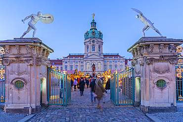 View of Christmas market at Charlottenburg Palace in Schloss Charlottenburg at dusk, Berlin, Germany, Europe