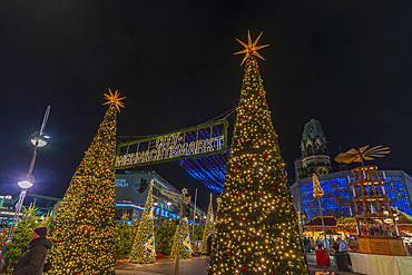 View of Christmas Market entrance at night, Breitscheidplatz, Berlin, Germany, Europe