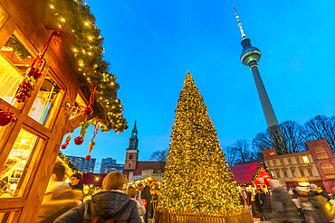 View of Berlin TV Tower and Christmas tree in Wasserkaskaden at dusk, Mitte, Berlin, Germany, Europe