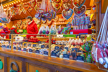 View of candy on Christmas Market stall in Altstadt Spandau, Spandau, Berlin, Germany, Europe