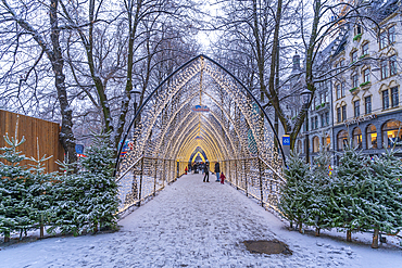 View of Christmas light tunnel during winter at dusk, Stortingsparken, Oslo, Norway, Scandinavia, Europe