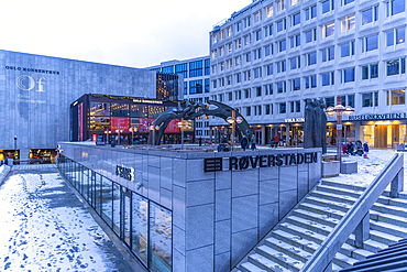 View of Oslo Concert Hall and Turid Angell Eng sculpture in Johan Svendsens Plass during winter, Oslo, Norway, Scandinavia, Europe