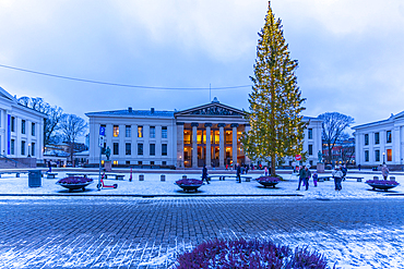 View of Domus Media in University Square during winter, Oslo, Norway, Scandinavia, Europe