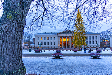 View of Domus Media in University Square during winter, Oslo, Norway, Scandinavia, Europe