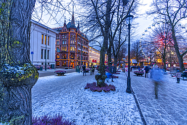 View of Christmas market during winter at dusk, Stortingsparken, Oslo, Norway, Scandinavia, Europe