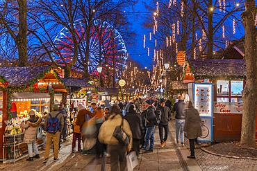 View of Christmas market and ferris wheel on Karl Johans Gate at dusk, Oslo, Norway, Scandinavia, Europe