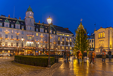 View of Grand Hotel on Karl Johans Gate during Christmas at dusk, Oslo, Norway, Scandinavia, Europe